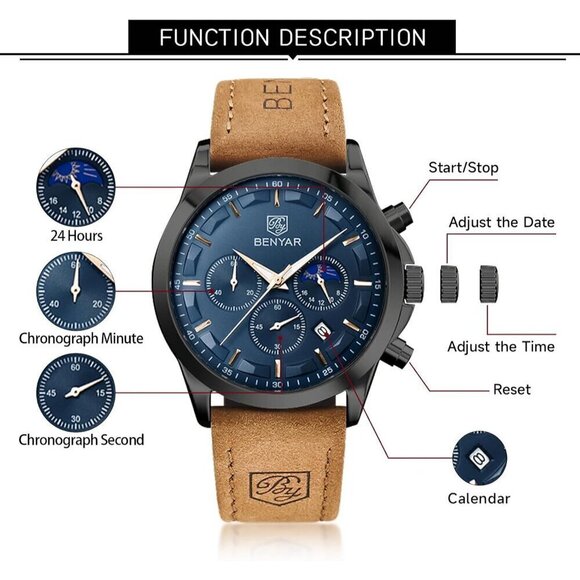Men Brown Analog Quartz Waterproof Wrist Watch Casual Sport Designer Dress Watch - Picture 5 of 9